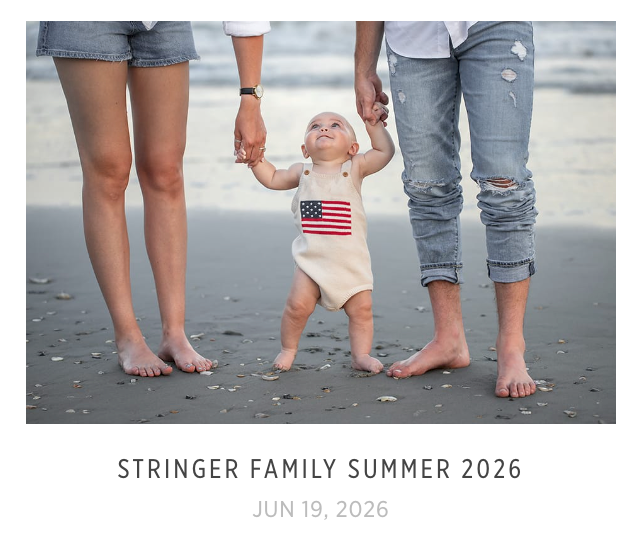 Family beach photo of parents holding baby in American flag onesie on sandy shore, captioned Stringer Family Summer 2026.