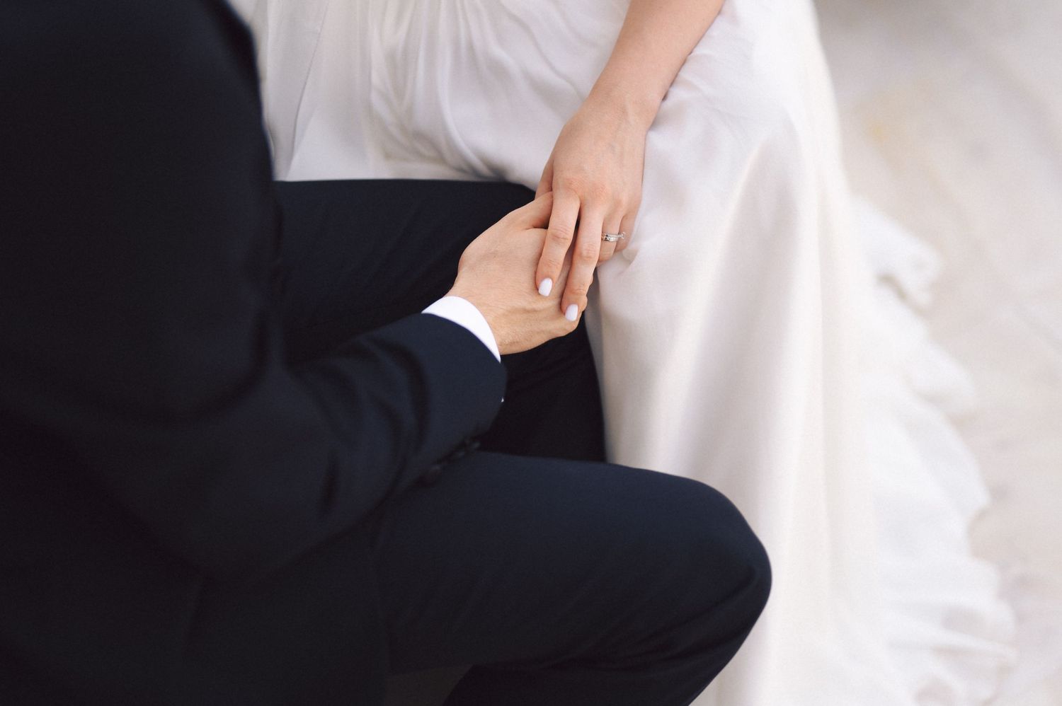 Professional wedding photo collage showing elegant poses and details of the bride and groom's formal attire.