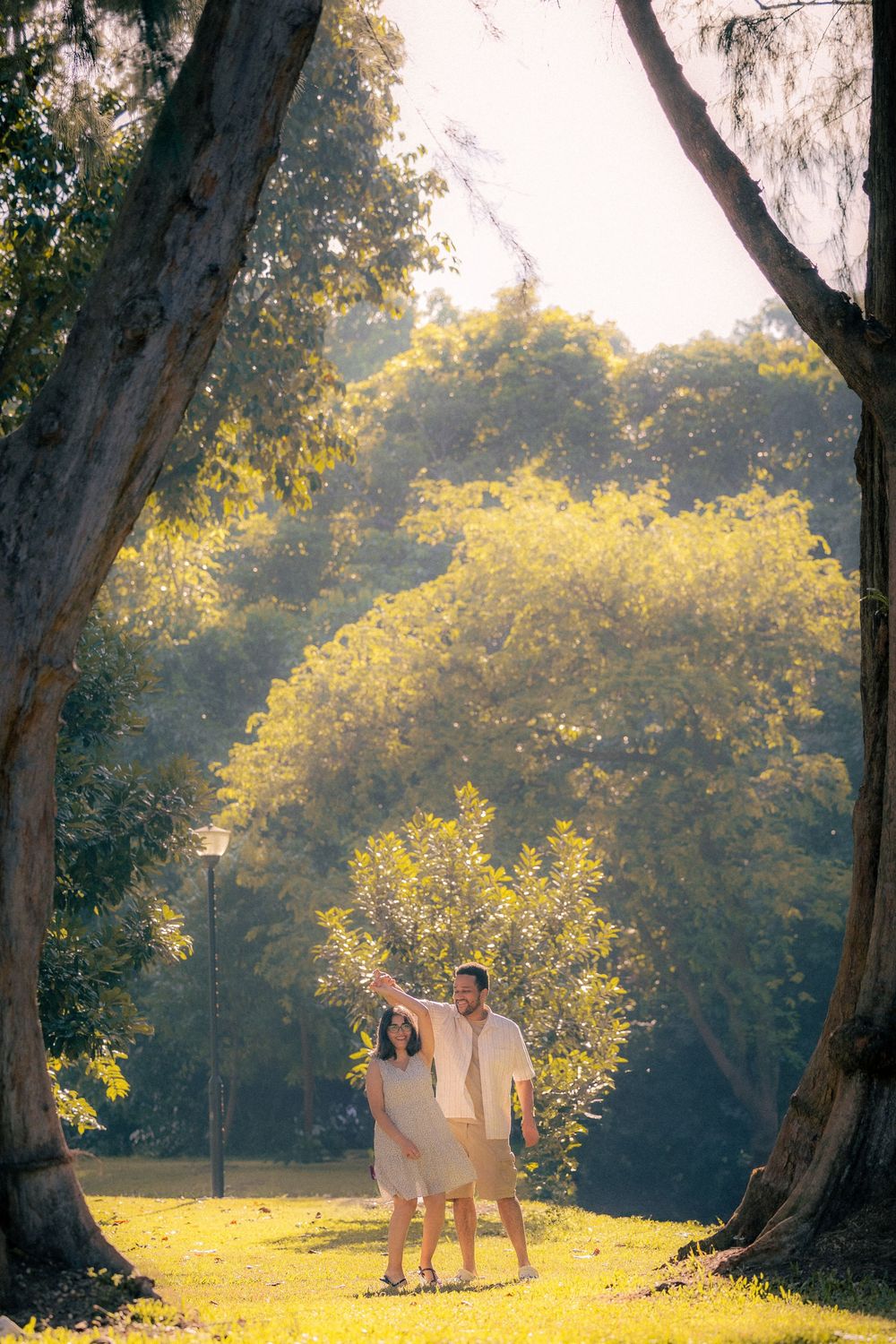 Two figures in light clothing stand between large tree trunks in a sunlit park with golden light filtering through foliage.