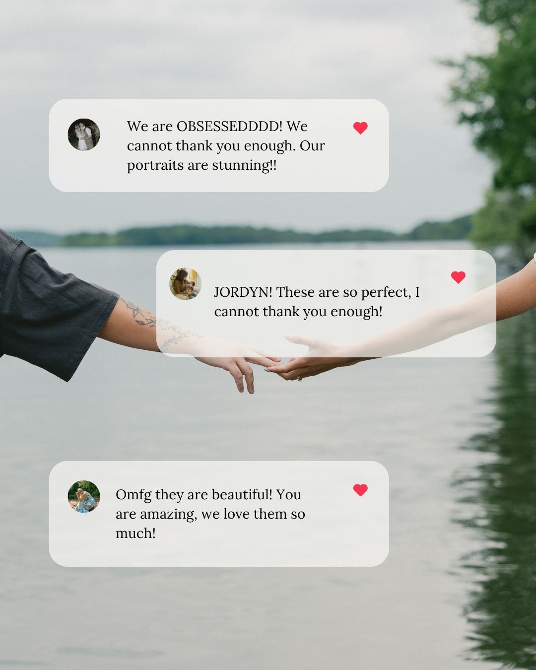 Social media testimonials and comments overlay a close-up photo of two hands touching against a blurred nature background.