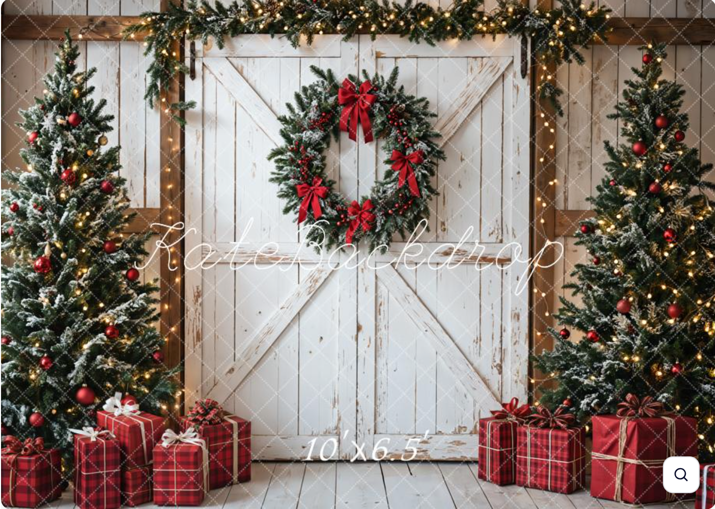 A rustic white barn door with Christmas wreath flanked by decorated trees and wrapped presents on wooden floor.