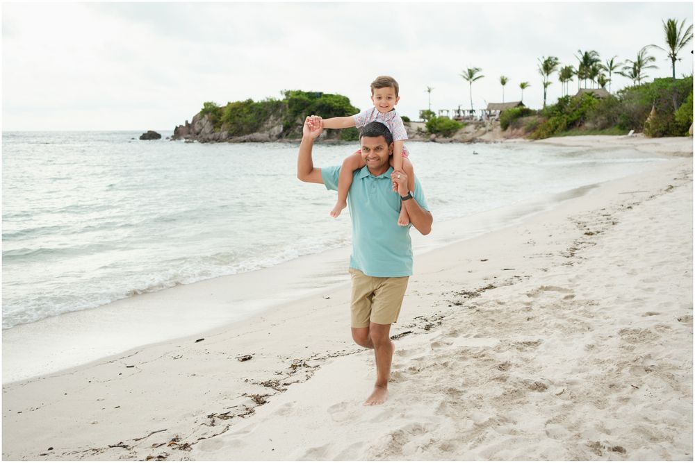 A series of connected photos show someone joyfully running and playing along a scenic tropical beach shoreline.