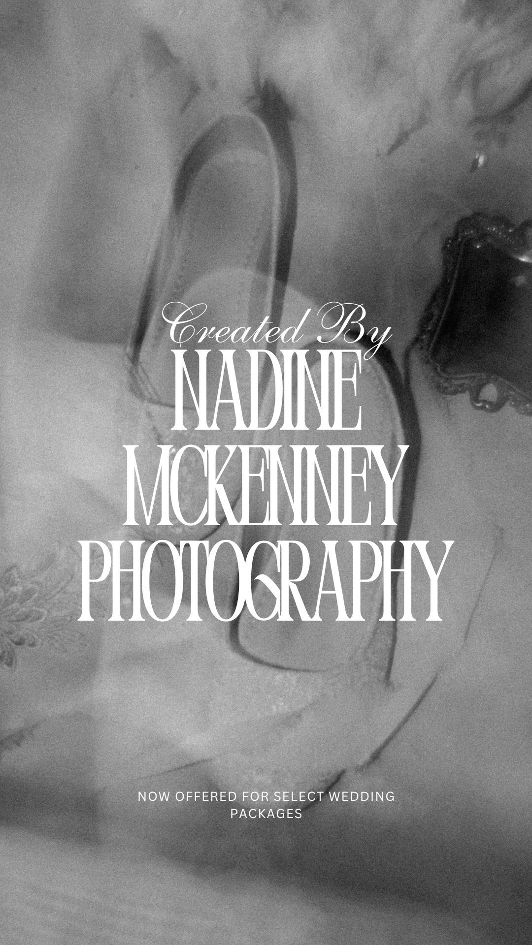 Black and white photography logo for Nadine McKenney Photography advertising wedding packages.