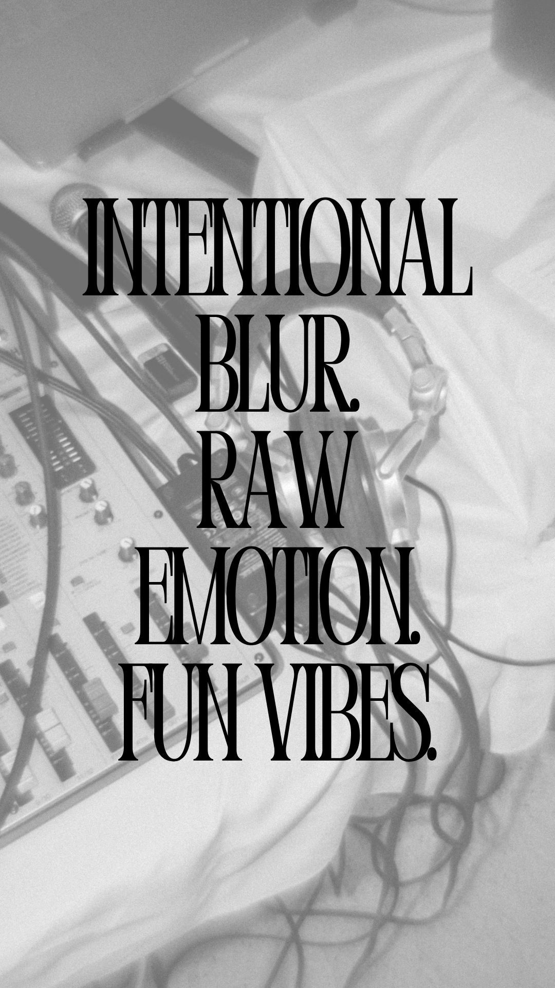 A grayscale montage of artistic text overlays featuring words like 'Raw', 'Emotion', 'Blur' and 'Fun Video' in stylized typography.