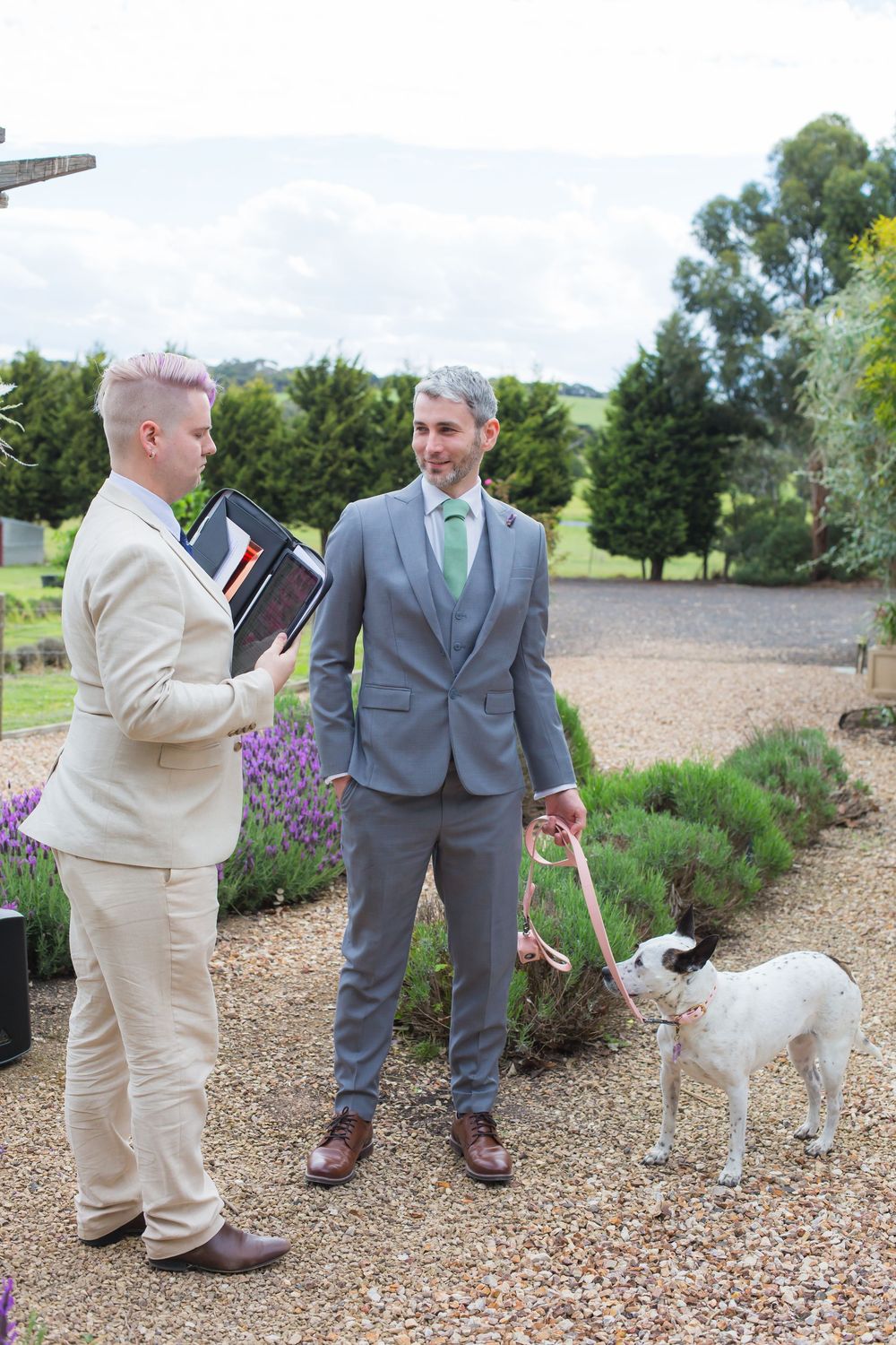 Sequential photos of two grooms in beige and gray suits having a playful interaction outdoors near garden landscaping.