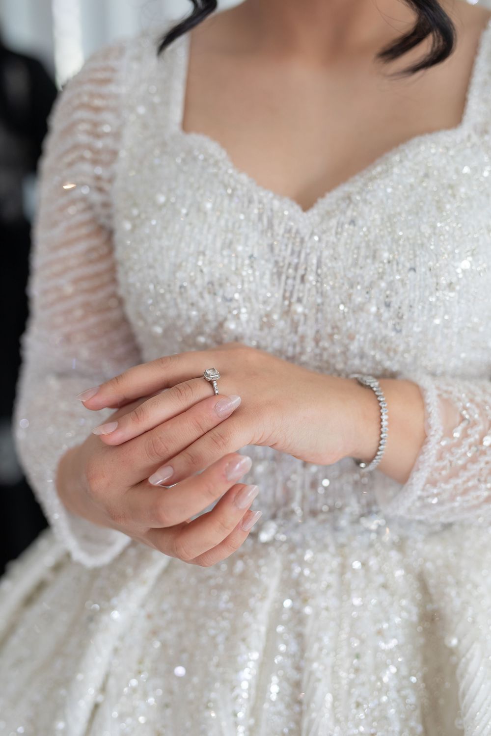Bride touch her bridal and wedding dress on her wedding day in Sydney, wedding ring and wedding shoes