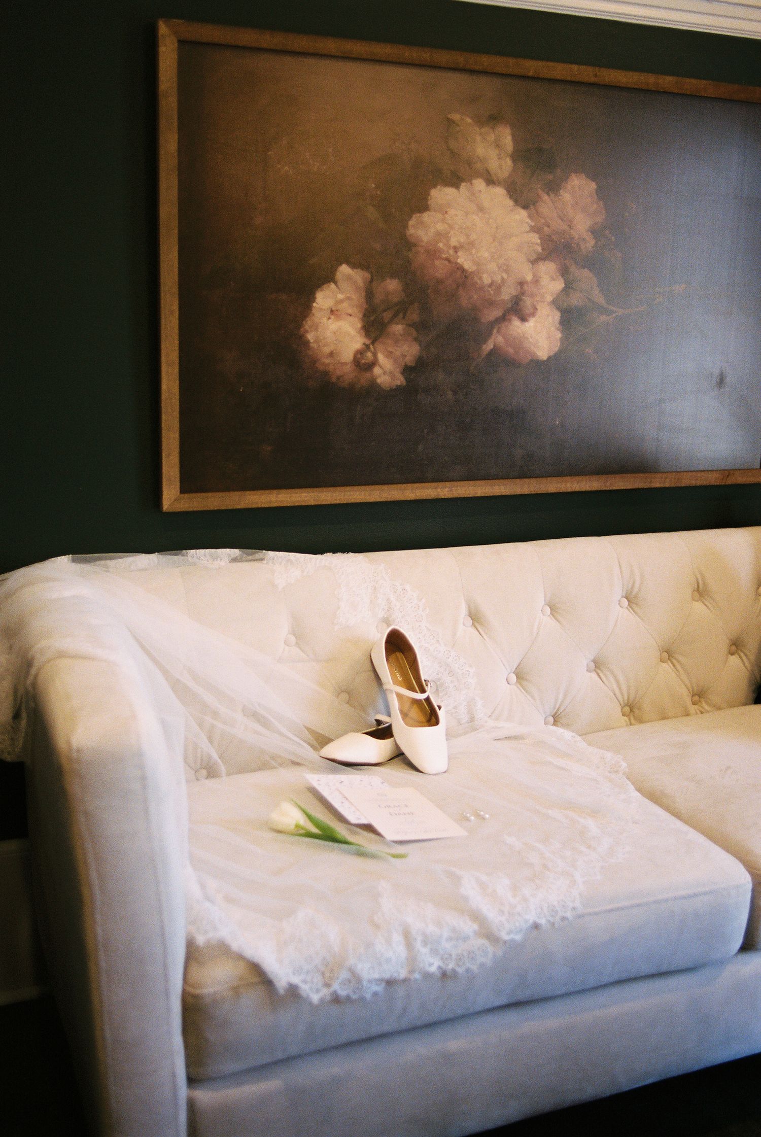 southern utah wedding photo of detail shot of shoes and veil on film