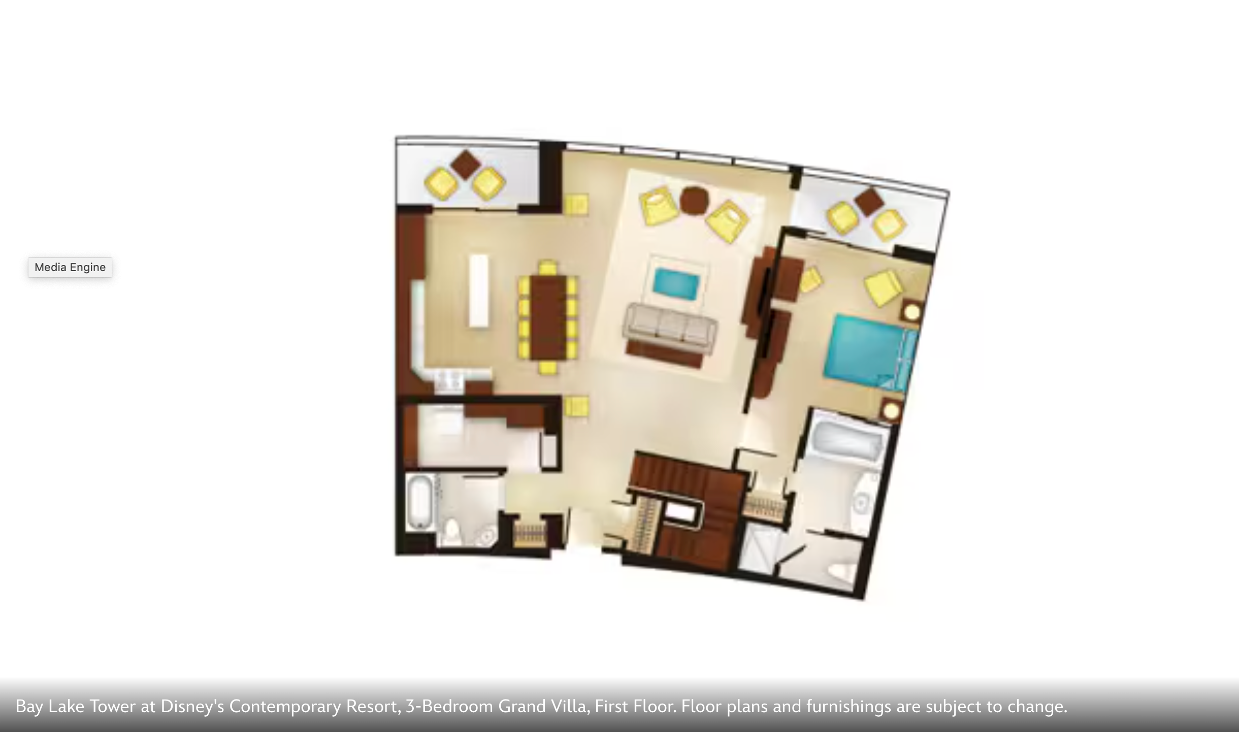 Floor plan layout of a one bedroom vacation villa with living room and kitchen area.