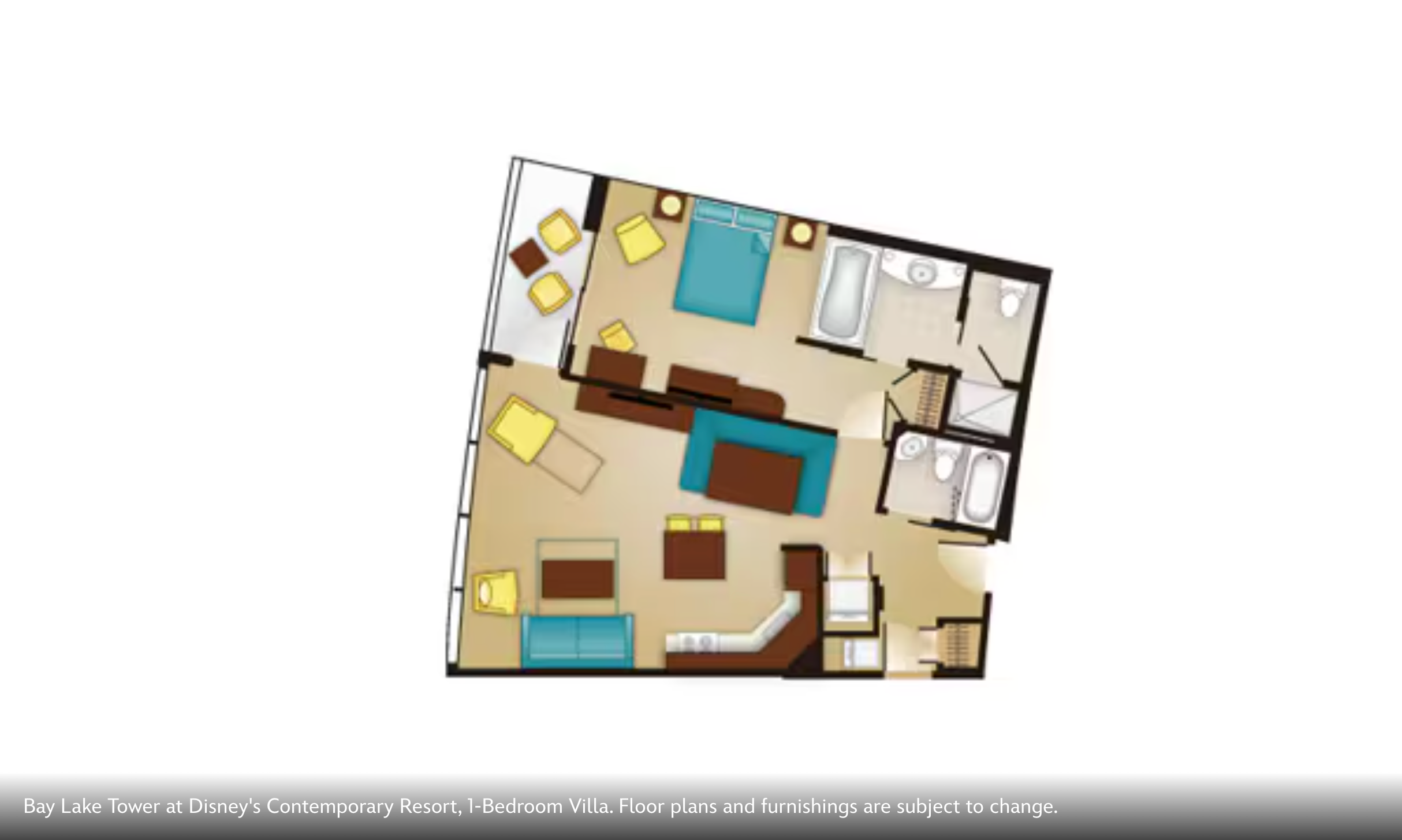 Floor plan showing a spacious villa layout with bedroom, bathroom, and open concept living space.