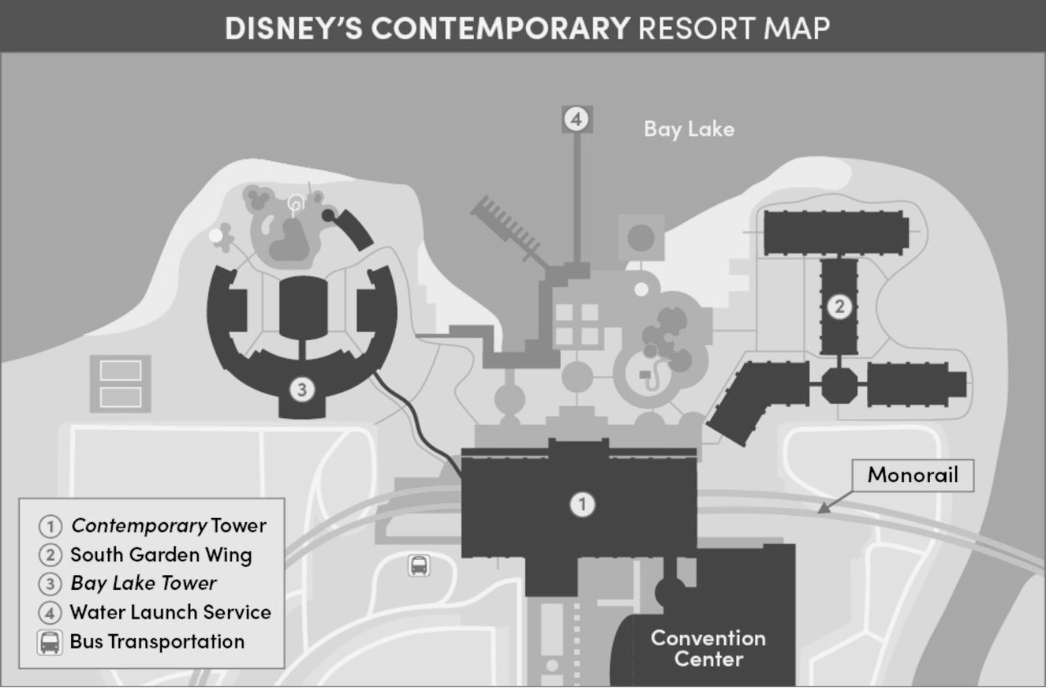 Simplified black and white map layout of Disney's Contemporary Resort and surrounding facilities.