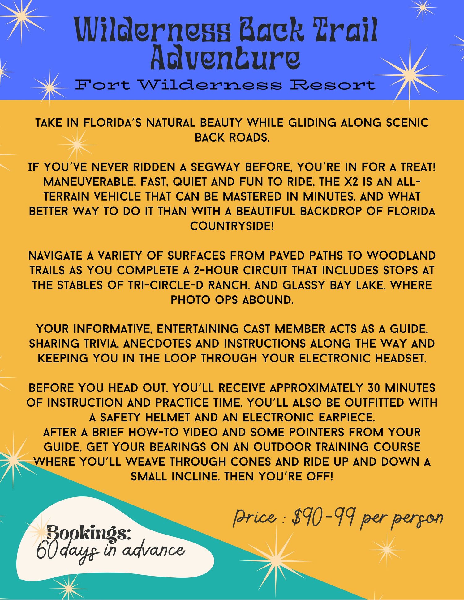 Adventure trail activity poster with star decorations describing a scenic back road experience.