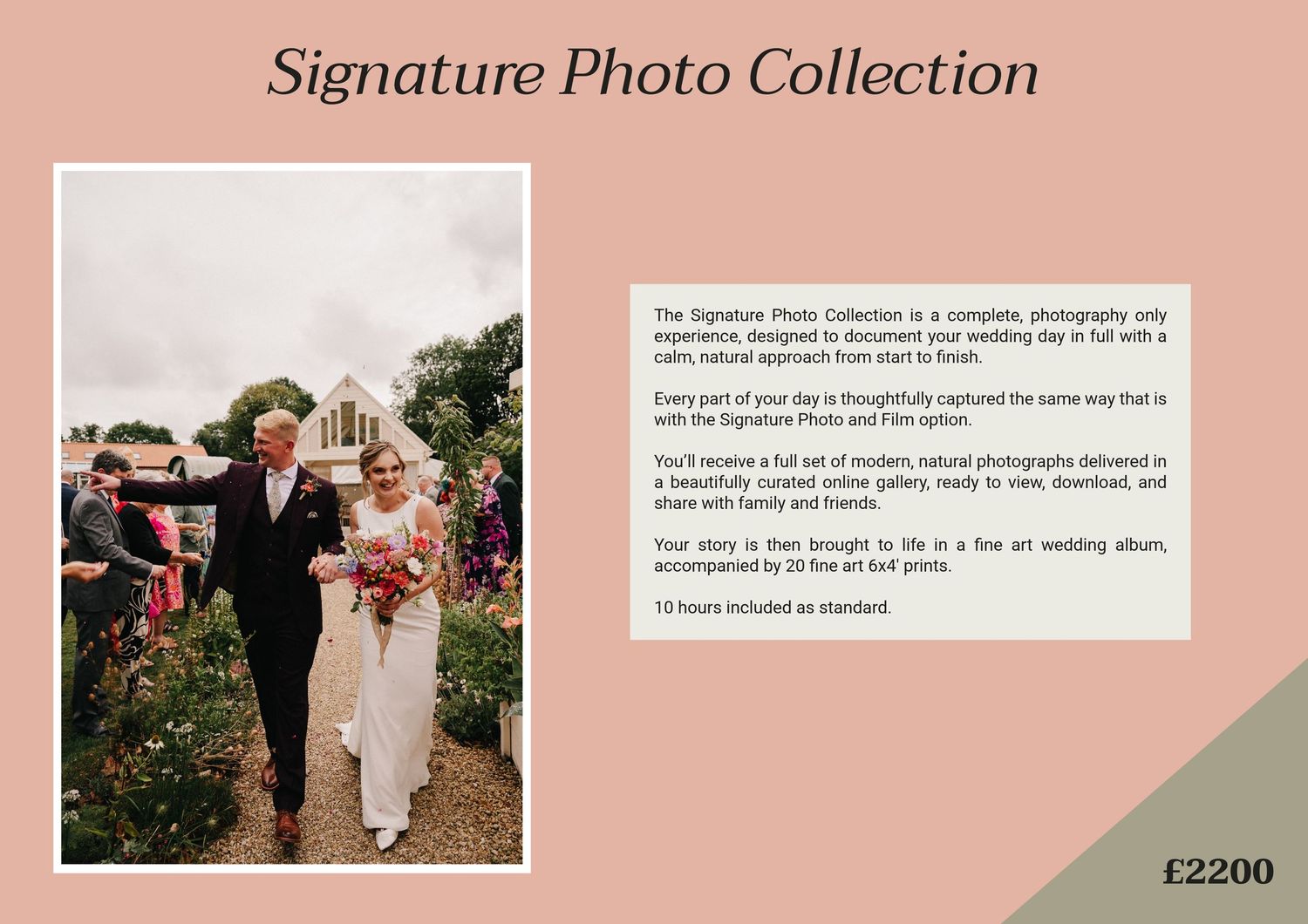 Elegant wedding photography collection brochure featuring a couple in a garden venue, promoting a signature photo package for £2200.