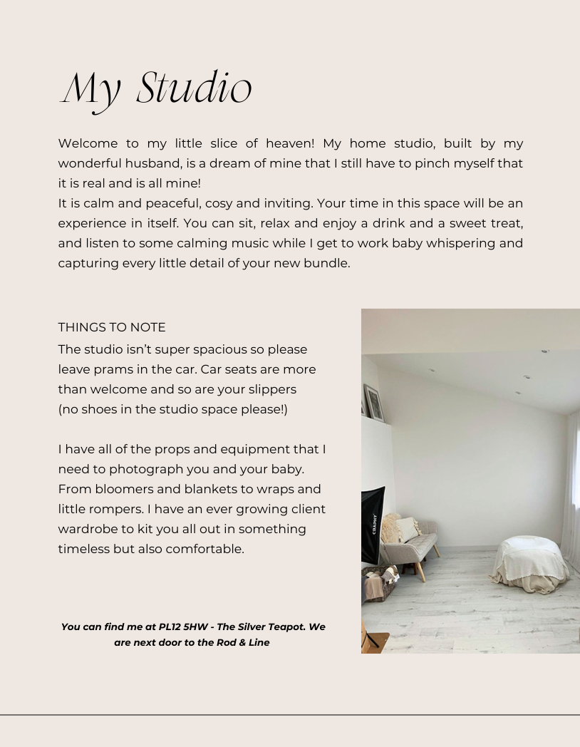 A serene home photography studio with neutral tones, wooden floors, soft lighting, and minimal decor for newborn sessions in Cornwall