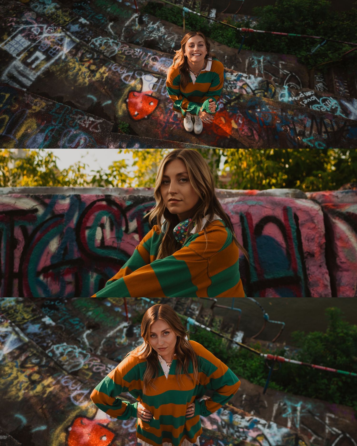 Portrait against graffiti wall with striped sweater and chunky white boots in warm autumn light.
