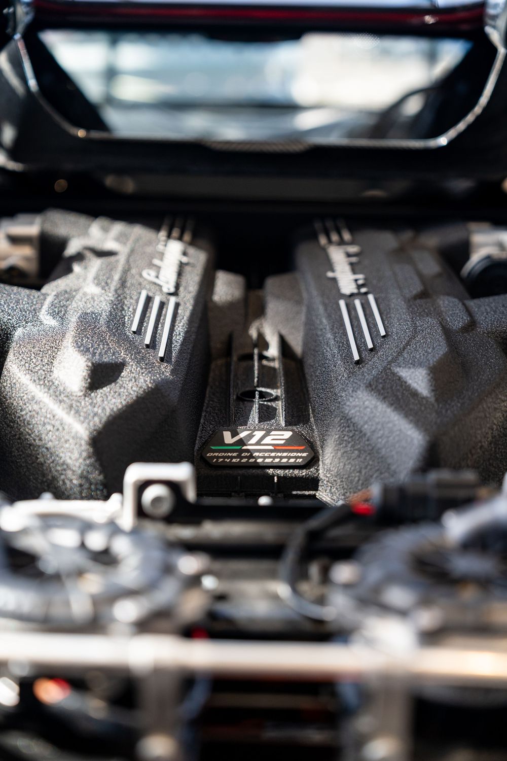 Close-up of a high-performance V12 engine bay, showcasing detailed black components and engineering precision.