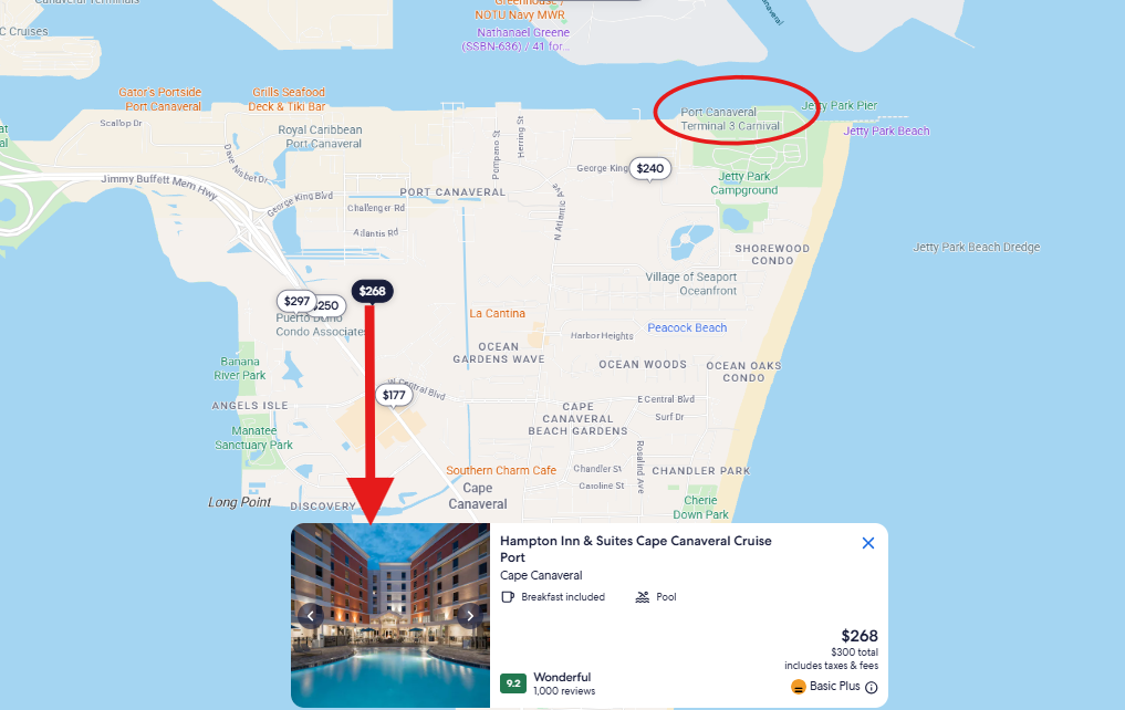 Map showing Hampton Inn & Suites Cape Canaveral Cruise Port hotel location with $249 price tag near Florida coast.