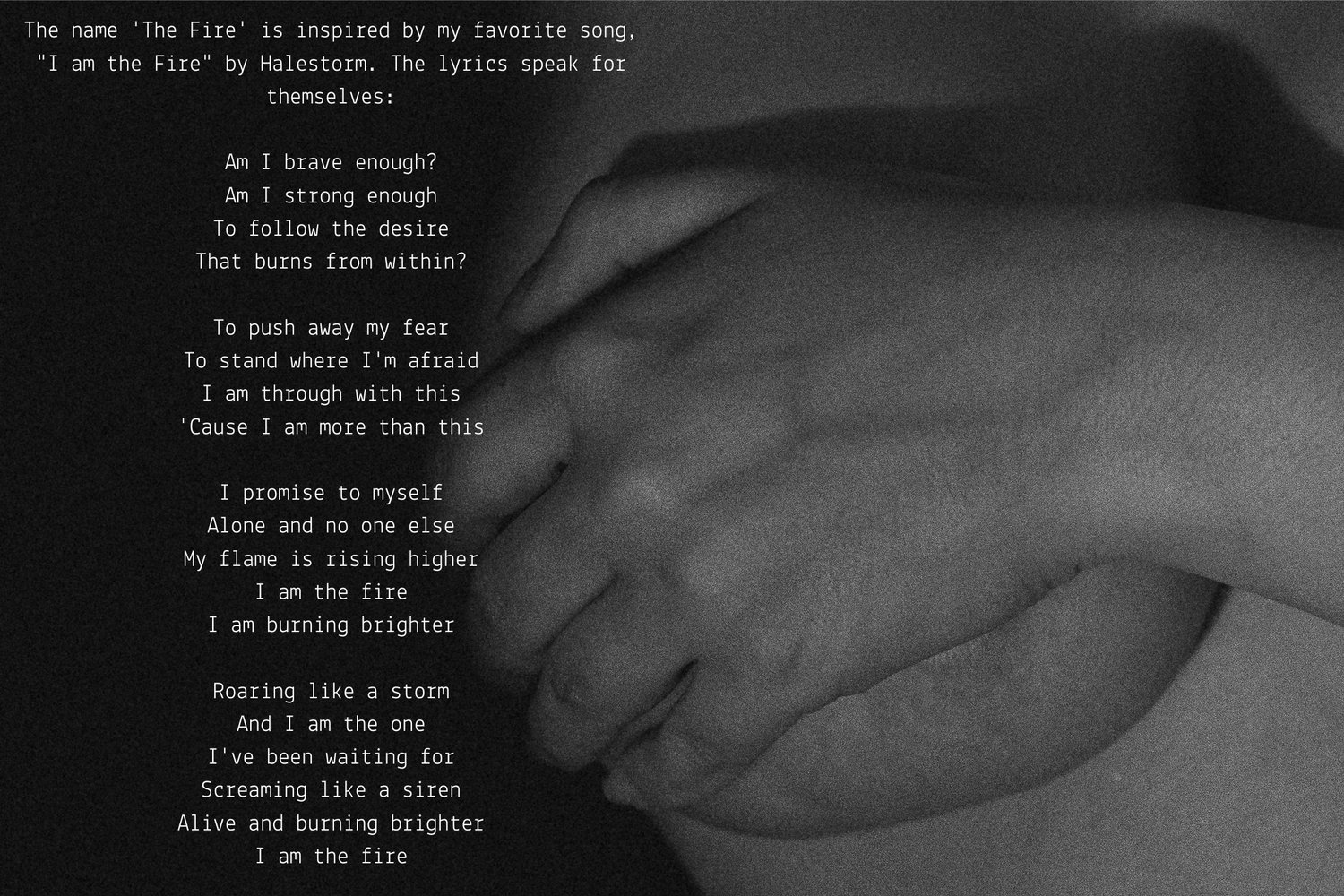 Two hands clasped together overlaid with Halestorm Fire lyrics poem on dark background.