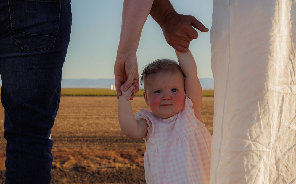 Baby holding parents hands standing in a farm field at golden hour.