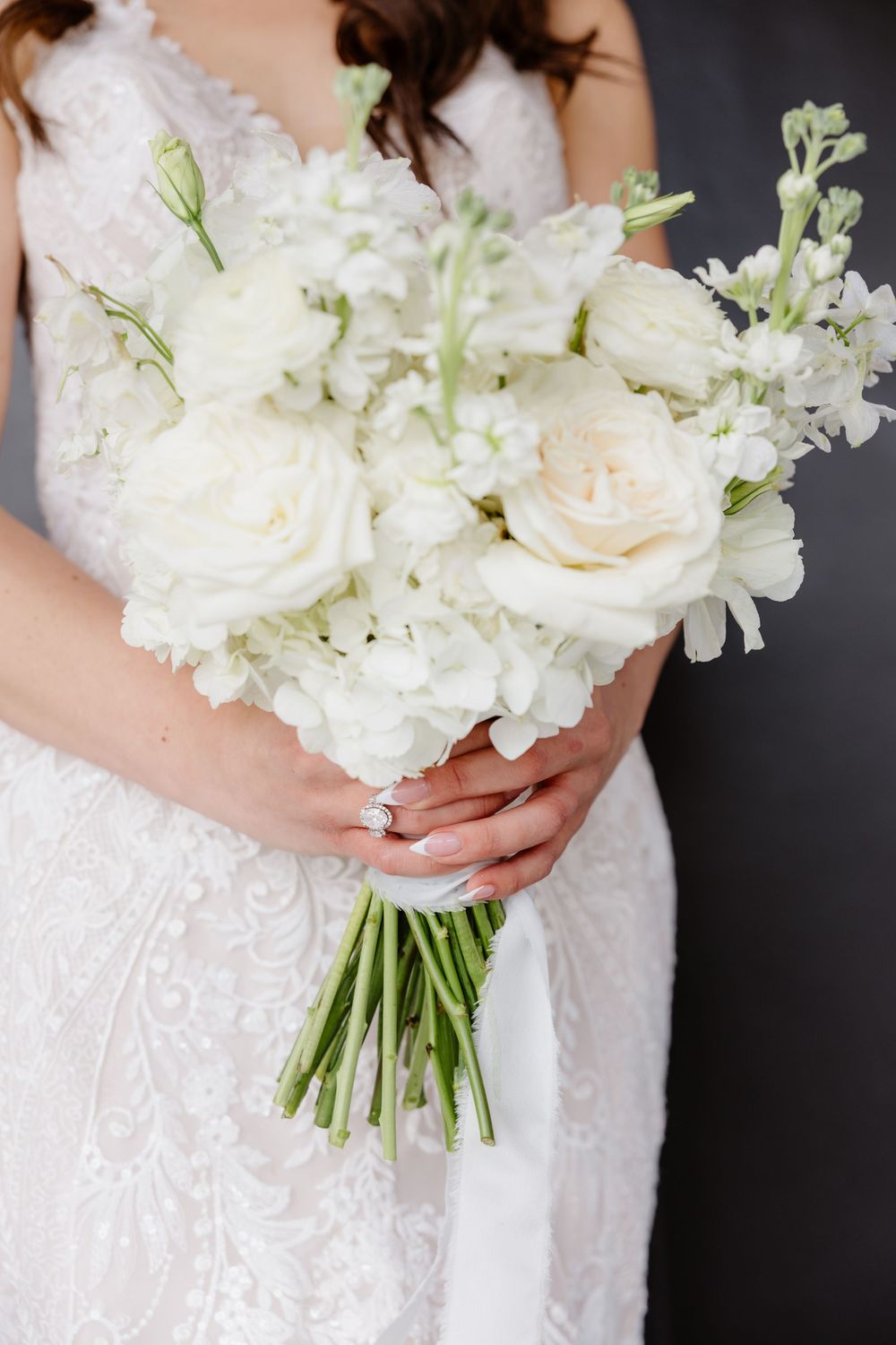Close-up of bride holding elegant white rose and hydrangea wedding bouquet with diamond ring.