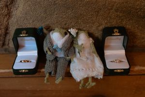 Two knitted dolls dressed as bride and groom kissing beside open ring boxes with wedding rings.