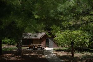 A rustic wooden cabin surrounded by tall pine trees with a picnic table outside in a shaded forest setting.