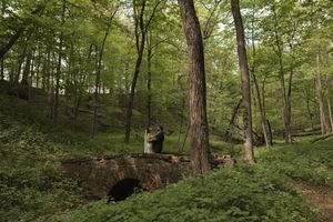 Bride and groom share a romantic moment on a stone bridge surrounded by lush green forest trees.