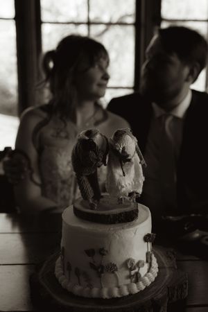 Wedding cake with bird toppers in foreground, blurred bride and groom in black and white photo.