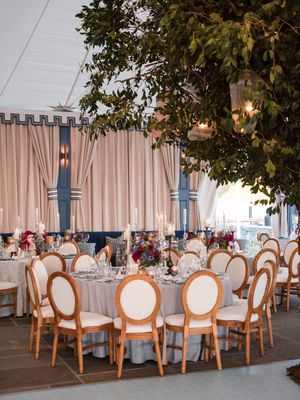 Elegant wedding reception venue with round tables, cream chairs, blush drapes and tree branches with hanging lanterns.