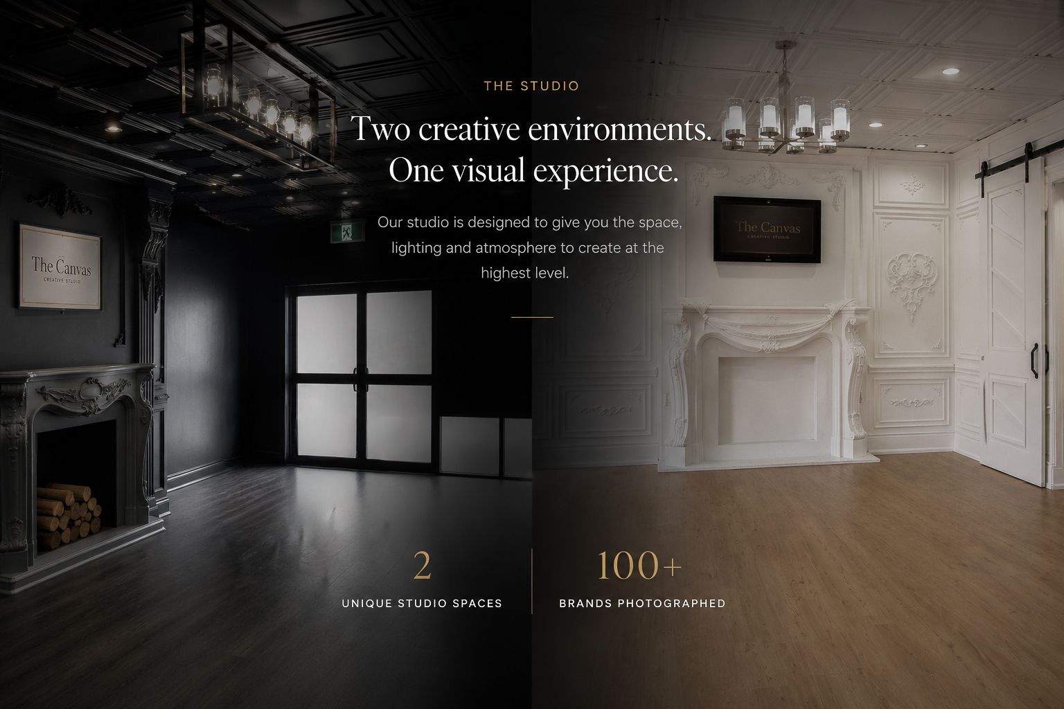 Photography studio with two unique spaces: a dark moody room and a bright white room with fireplace and hardwood floors.