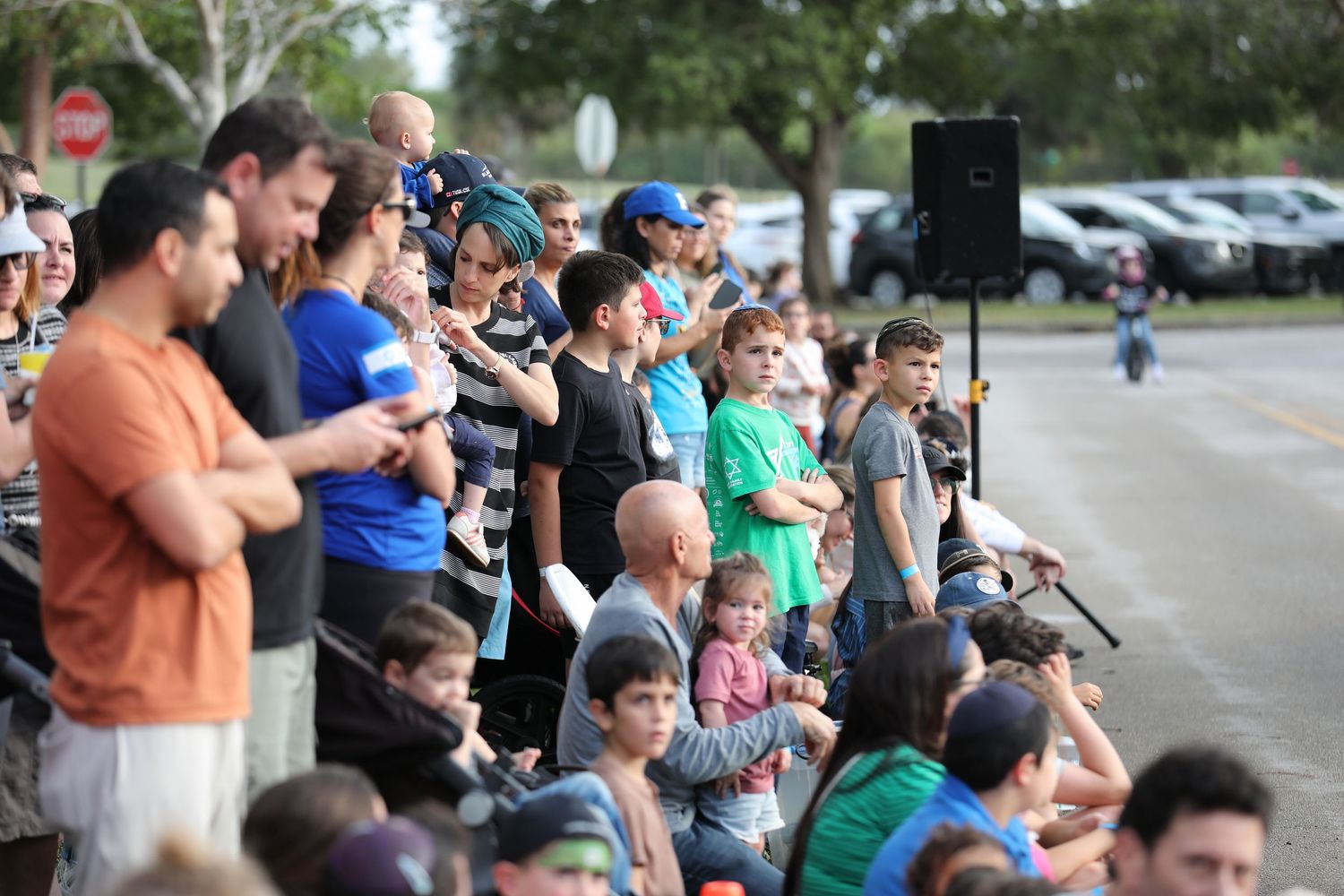 Large crowd of adults and children gathered along a street sidewalk watching an outdoor event on a sunny day.