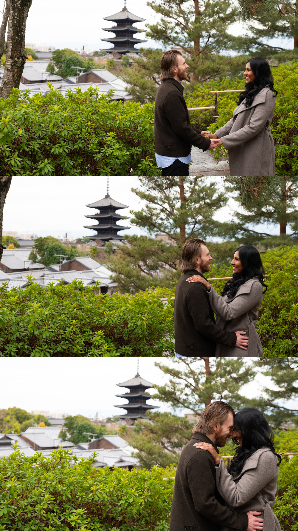 Couple embracing and kissing in a lush garden with Yasaka Pagoda visible behind them.