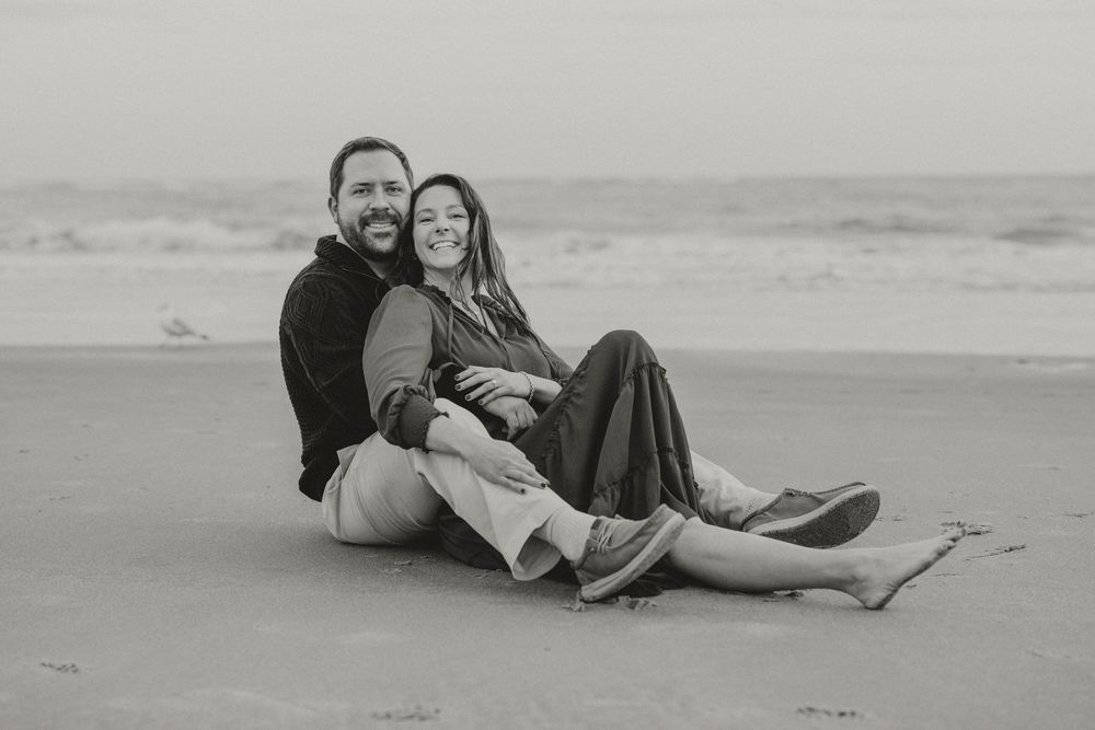 A series of black and white photos showing people relaxing on a beach at different angles and poses.