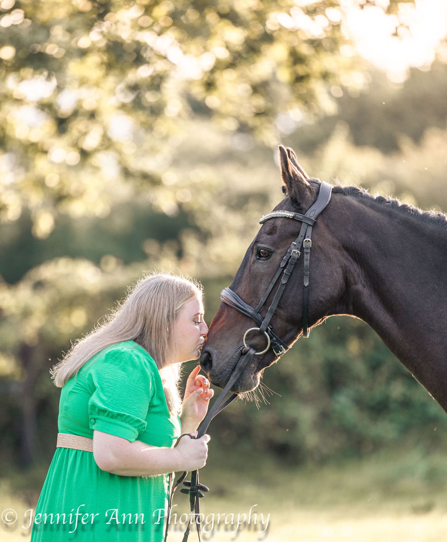 A person in a green shirt shares a tender moment with a black horse in golden sunlight.