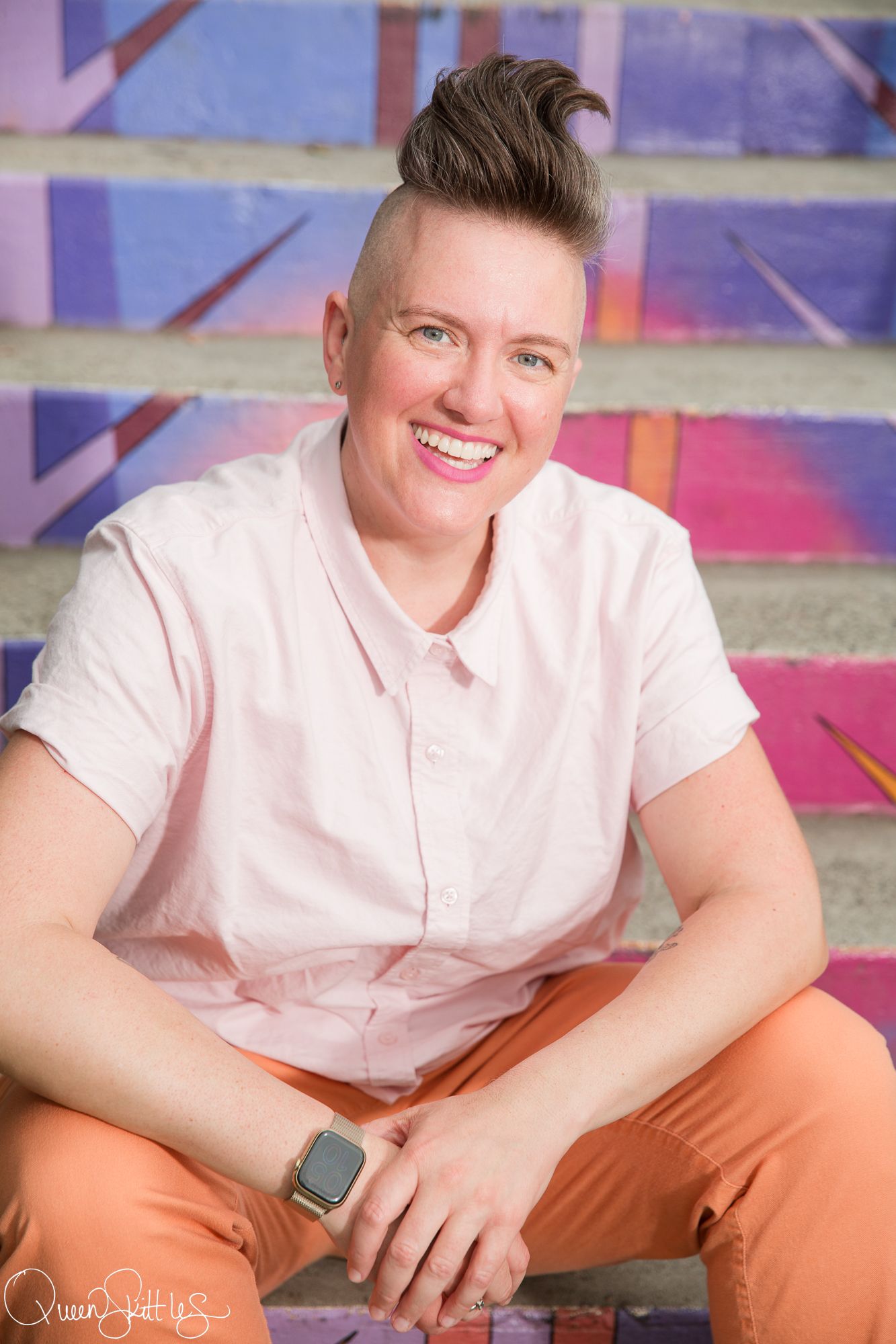 A series of similar photos showing someone in a white shirt and orange pants sitting casually against a colorful background.