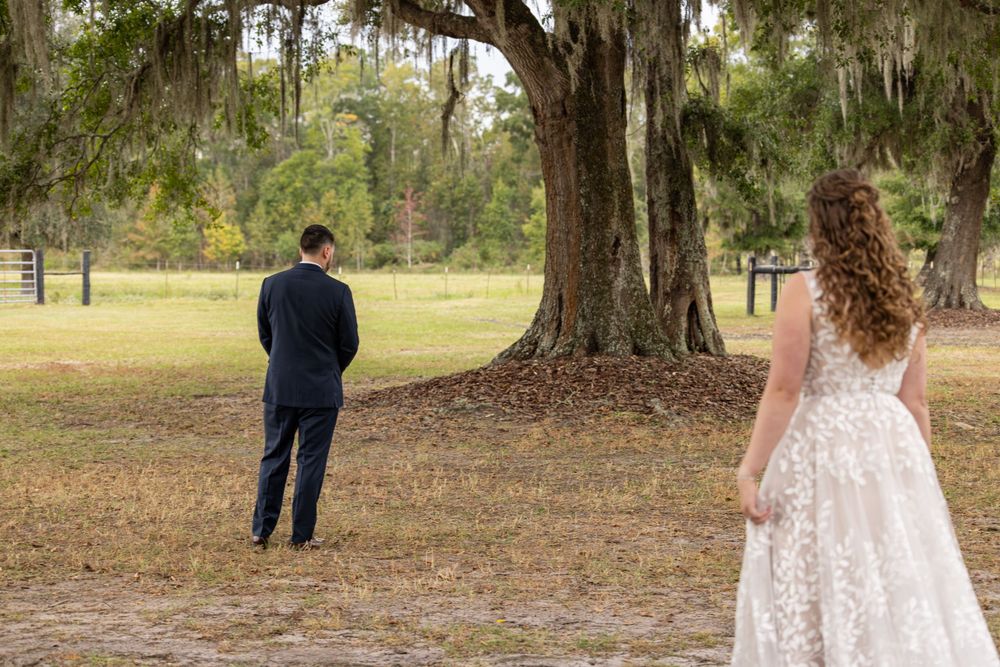 A couple walks through a scenic park with Spanish moss hanging from oak trees during a photo session.