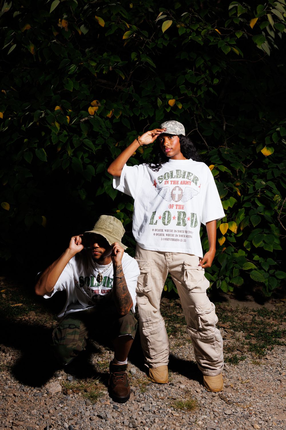 Four sequential photos showing a person in white t-shirt and khaki shorts crouching down near foliage.