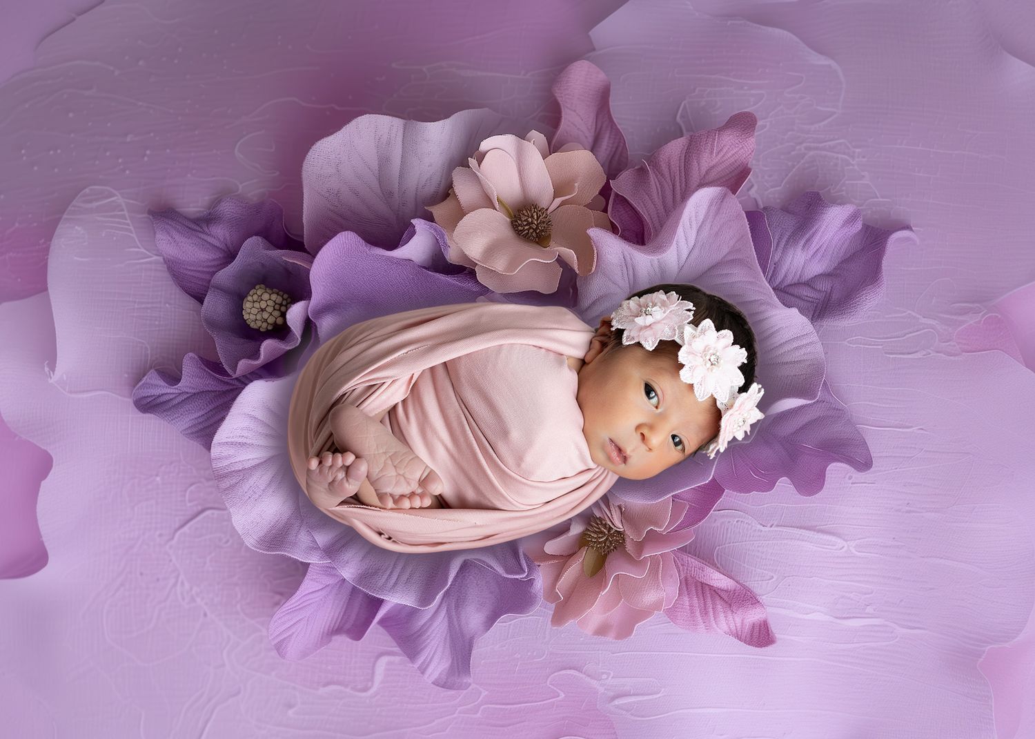 A sleeping baby wearing a pink outfit lies on soft purple tulle fabric with white flower accessories.