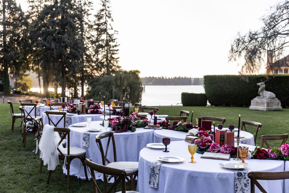 outdoor reception on the lake at the thornewood castle wedding venue