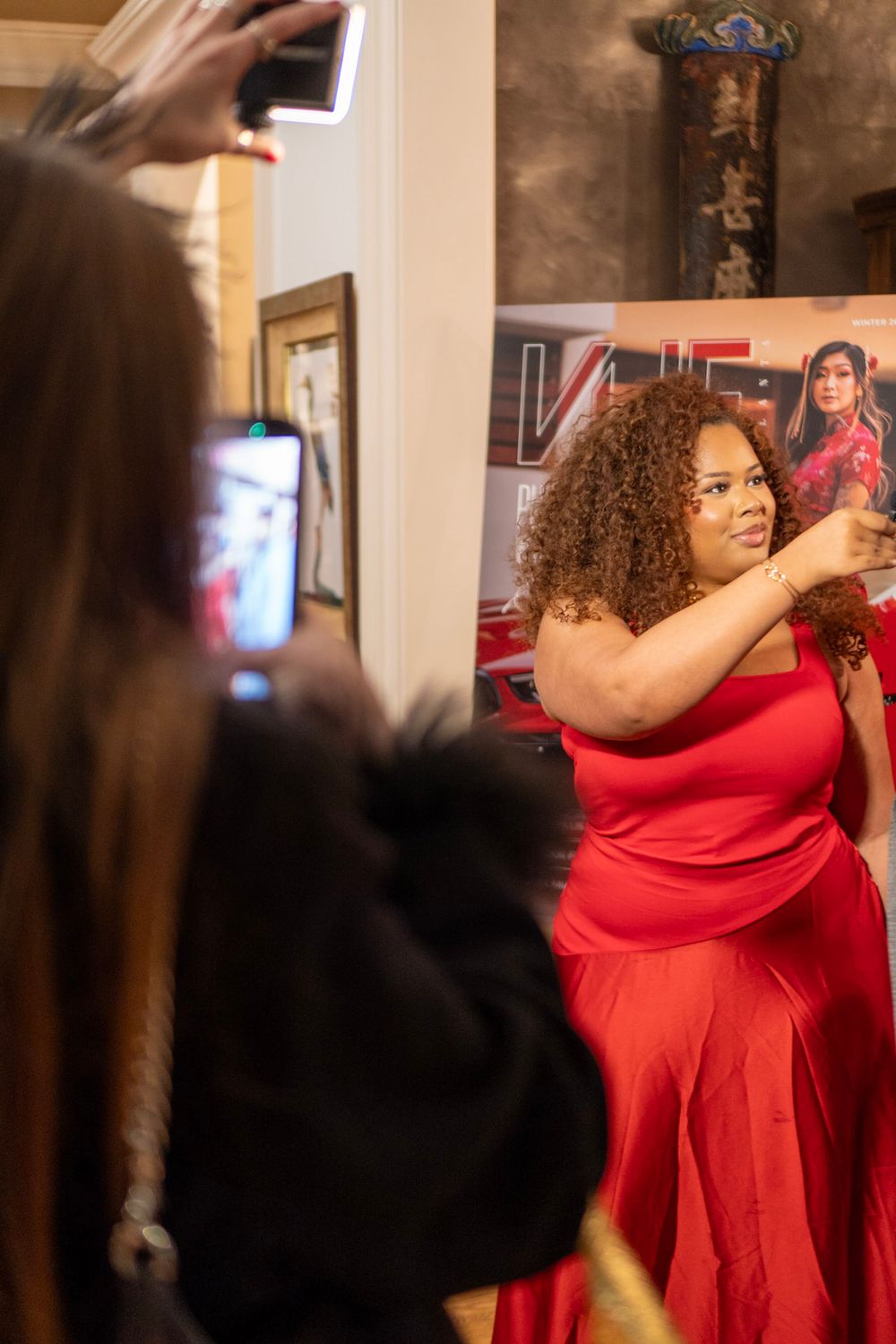 A sequence of photos showing someone in a red dress at a social gathering.