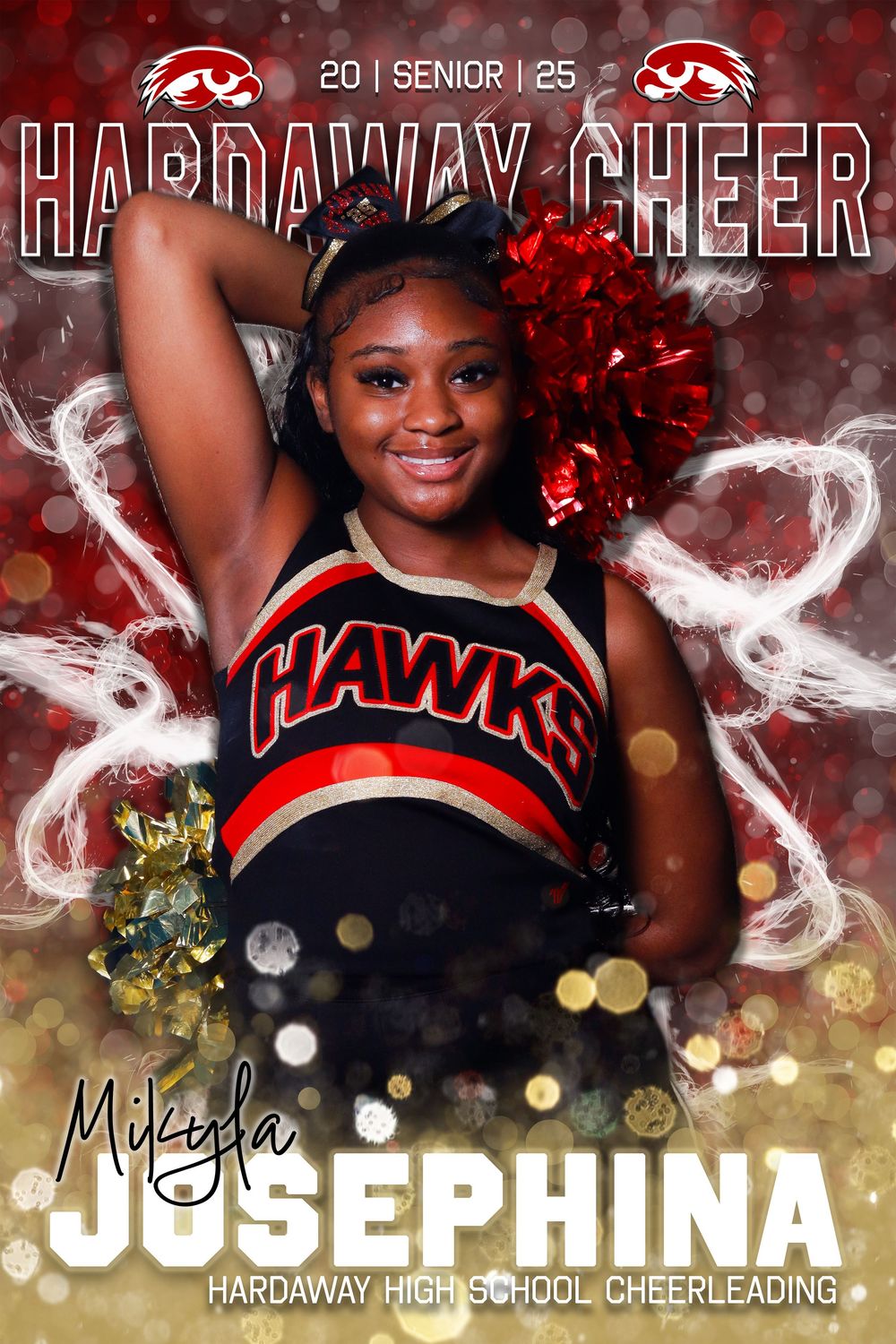 High school cheerleader poses against red and gold background with glitter and smoke effects for senior photo.
