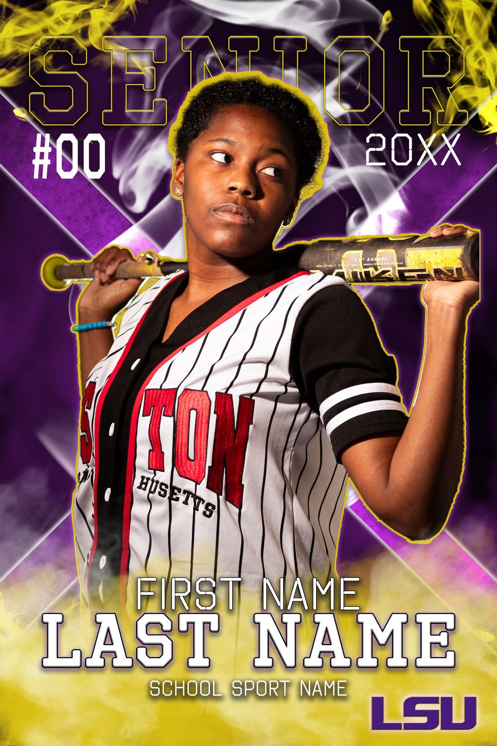Sports portrait template design with baseball theme featuring pinstripe uniform and LSU branding on purple background.
