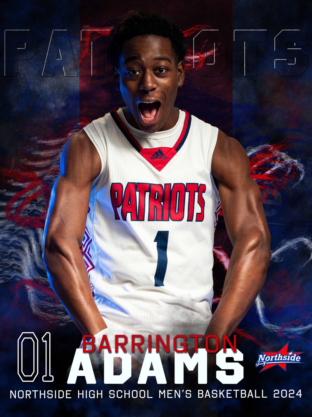 High school basketball player wearing white jersey number 1 poses for athletic photo against dark background with effects.