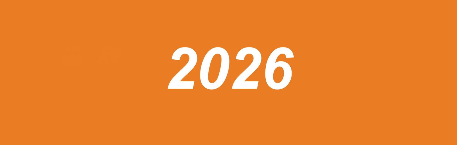 A bright orange banner or header design showing the year 2026 in white text against a solid background.
