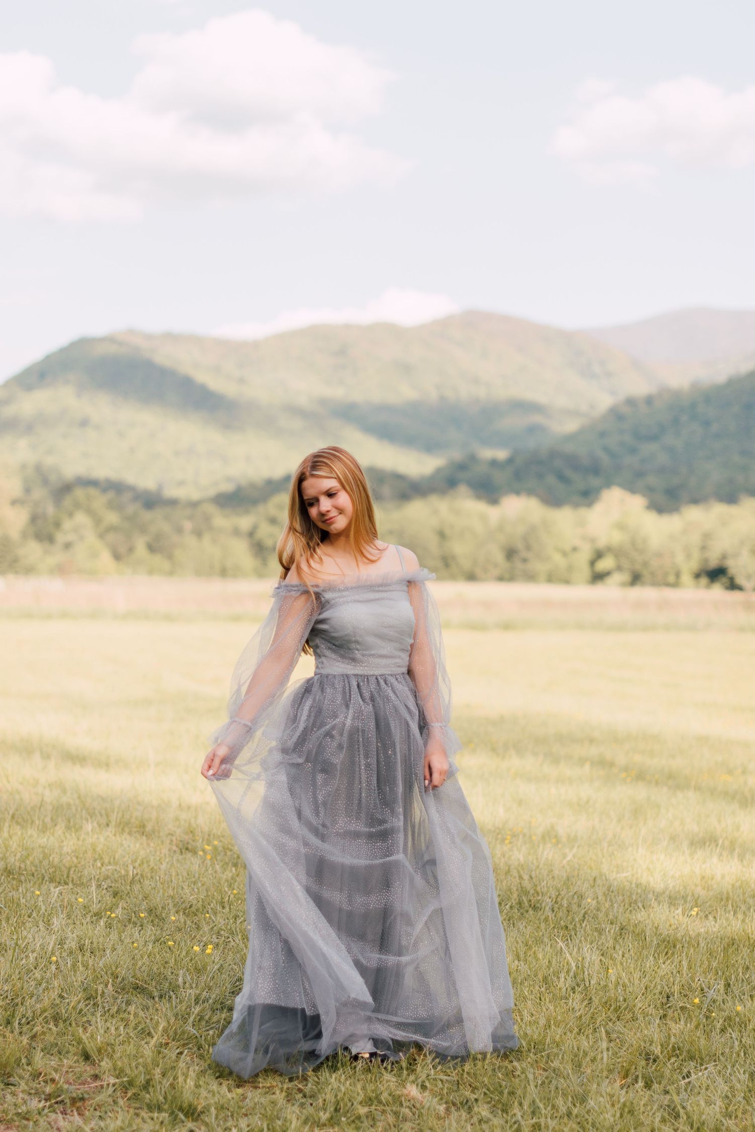 Flowing grey tulle dress captured in a sunlit meadow with mountains in the background.