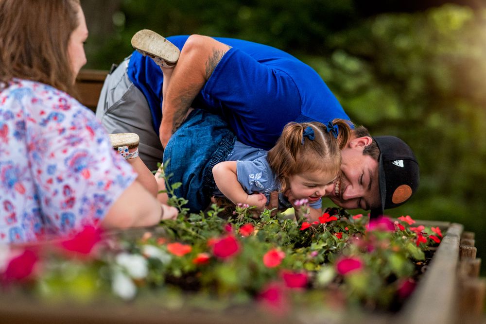 Person leans over to smell vibrant pink flowers blooming in a garden bed on a sunny day.