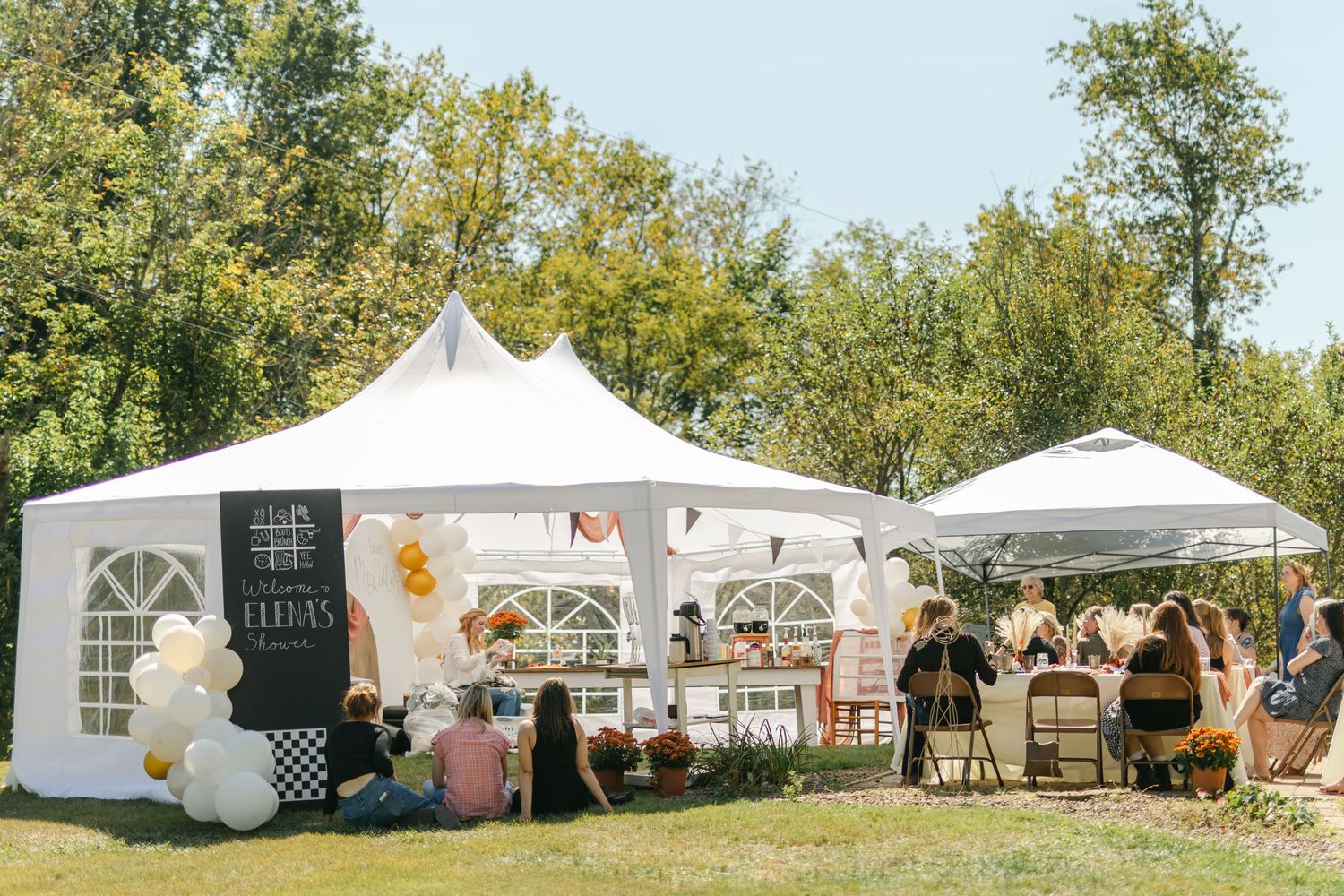 Outdoor birthday party with white event tents, balloon decorations, and guests on sunny day.