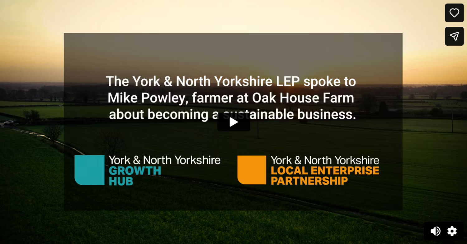 Video player interface shows a farming sustainability program with a golden sunset background and navigation controls.