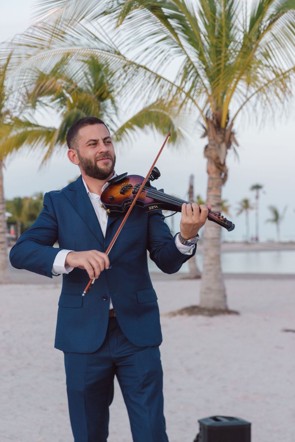 A violinist in a navy blue suit performs outdoors with palm trees in the background at a beachside venue.