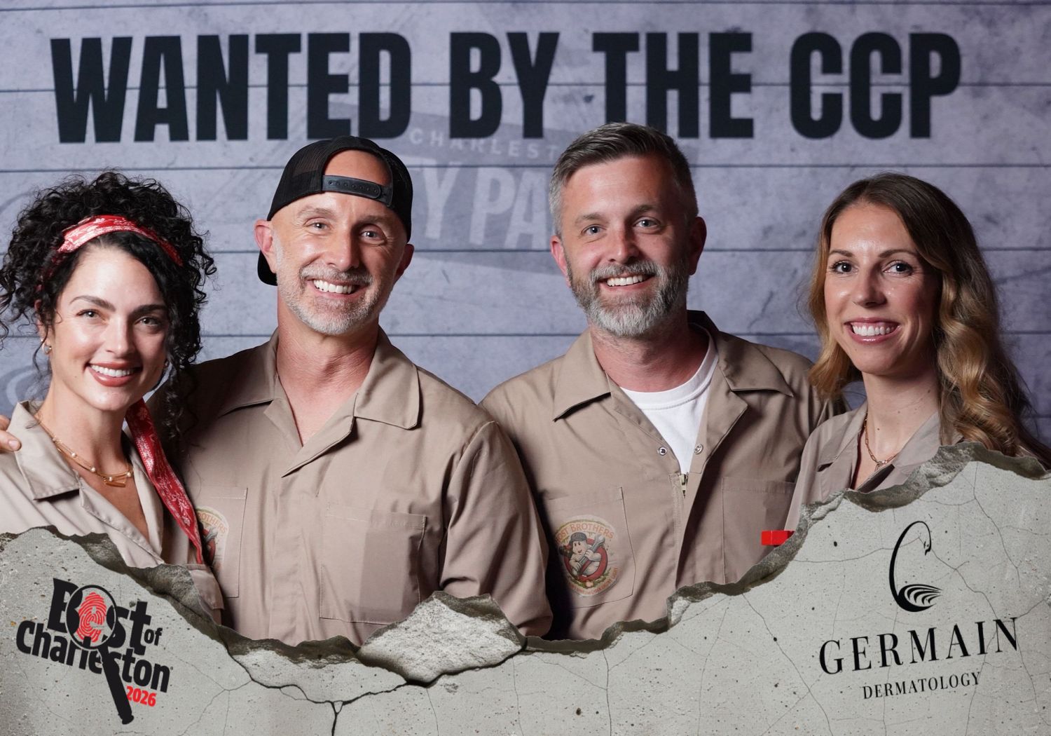 Four smiling adults in tan jumpsuits pose under a Wanted by the CCP sign at a Best of Charleston sponsored event.