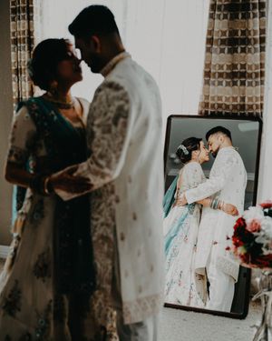 Artistic wedding photo sequence showing couple in traditional attire sharing intimate moments against a patterned wall.